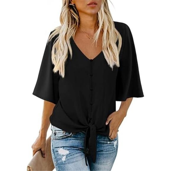 Women's Casual V-Neck Batwing Sleeve Top – Tie-Front Chiffon Blouse - Picture 3 of 5